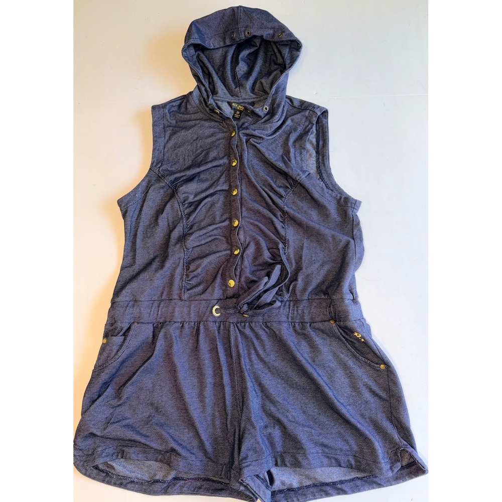 Rocawear Women 2X Blue Pinstripe Sleeveless Hooded Romper Button Front One Piece